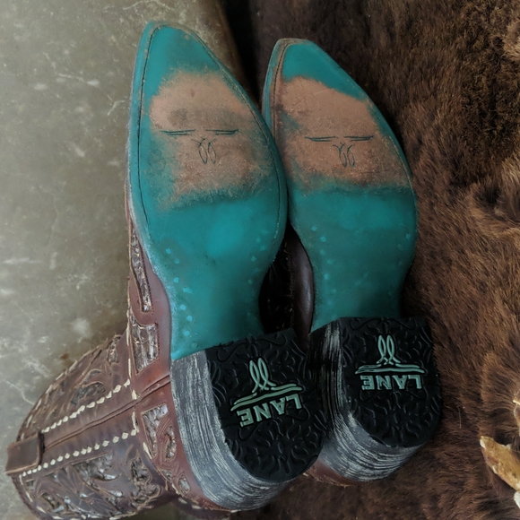 LANE "Poison" floral Chestnut brown & metallic snakeskin underlay cowgirl boots - Picture 15 of 16